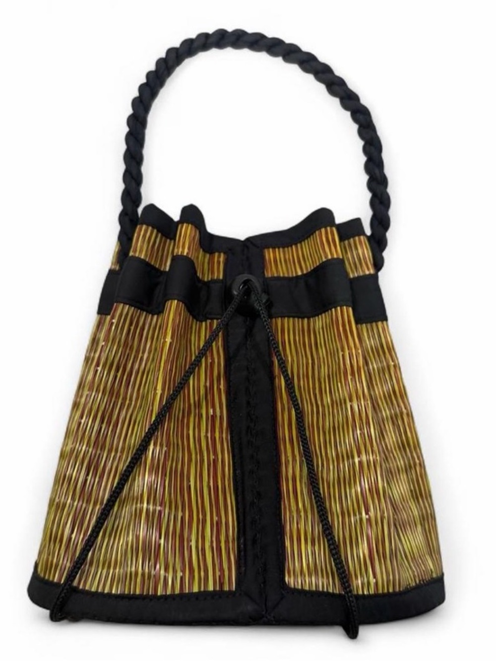 Woven Straw Drawstring Bucket Bag with Black Trim
